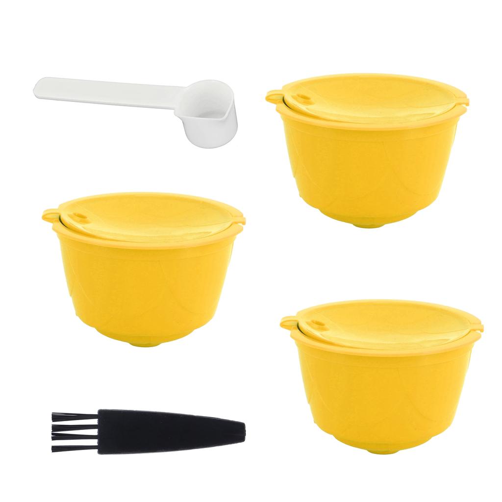 Coffee Machine Capsule Kit Reusable Coffee Filter Cup Accessories Fit for DOLCE GUSTO(Yellow 3 Capsules1 Spoon 1 Brush)