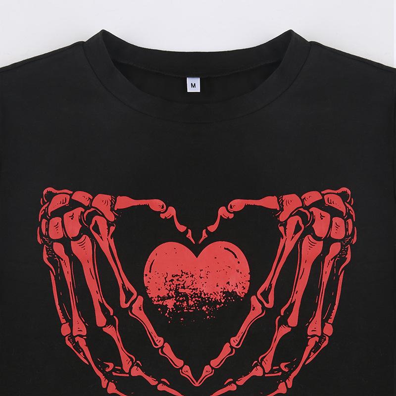 Potisk Harajuku Černé Crop Tops Ženy Léto Punk Goth Tops Hip Hop Vintage Krátký rukáv Streetwear Volné Ležérní Dámské tričko