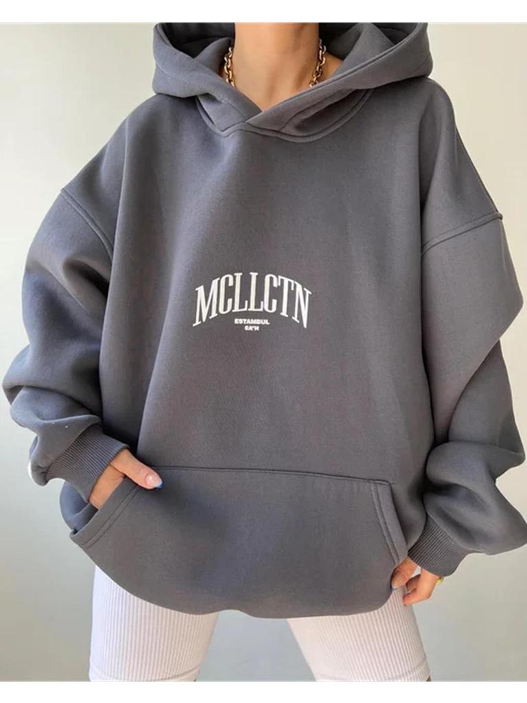 Damska bluza z kapturem i nadrukiem liter, z długim rękawem, na co dzień