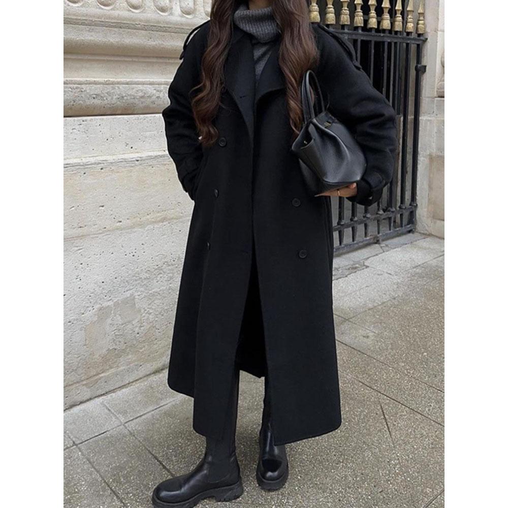 

Street Women s Woolen Overcoat with Belt Loose Lapel Double Breasted Full Sleeve Long Coats 2026 Autumn Winter Lady Trench Coat L чорний