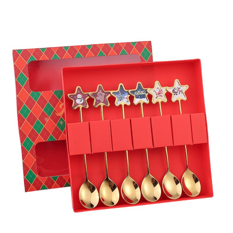 2/6Pcs Christmas Stir Spoon And Golden Dessert Fork Set With Five Star Tree Design For Christmas Eve Party Gift Tableware