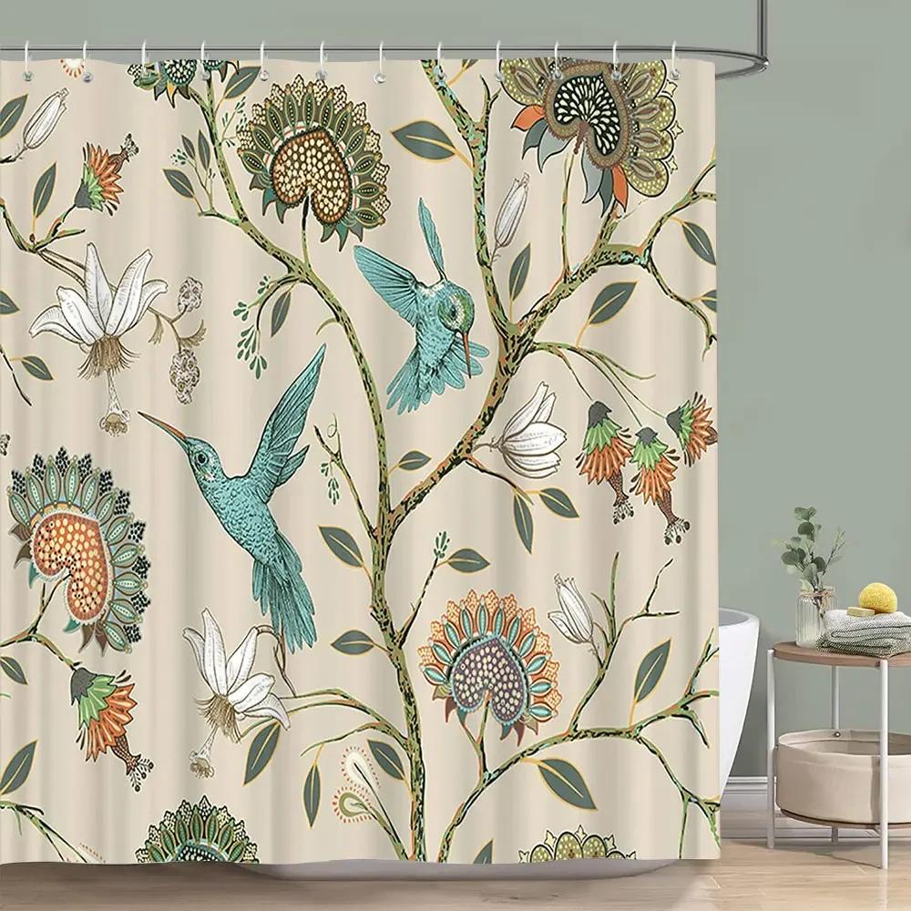 Vintage Blommig Färgstark Fågel Duschdraperi Akvarellmålning Konst Kreativt Hem Polyester Duschdraperier Badrumsdekor