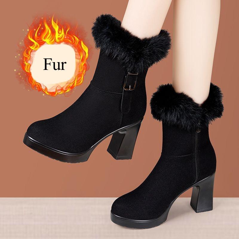 

8см Маленький размер 33-43 Новые туфли из флока Зимние ботинки 2025 Женские ботильоны на высоком блочном каблуке Короткий плюш для офиса Мама 40