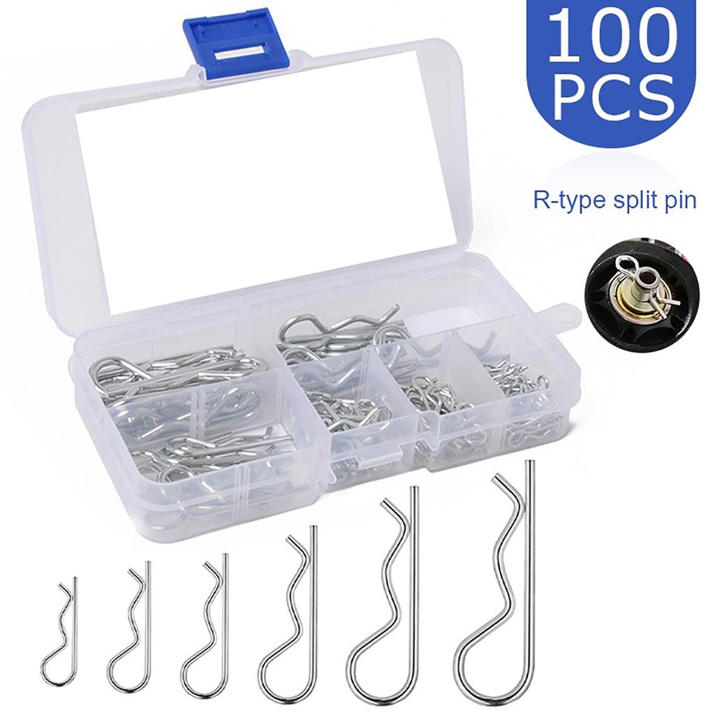 Cotter Pins 100pcs R Clips Hitch Pin Clip Assortment Kits 6 Size Carbon Steel R Pin for Threaded Connection and Anti