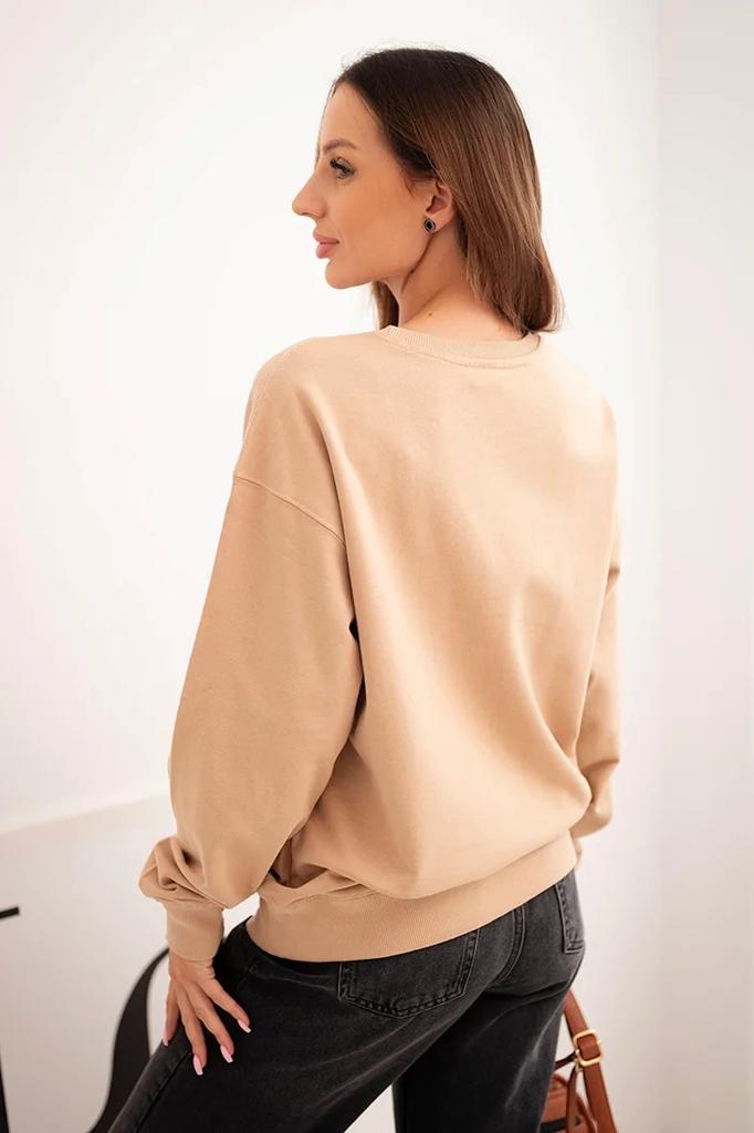 Bluza Damska Pętelkowa Bawełniana Basic Z Okrągłym Dekoltem Beżowa S
