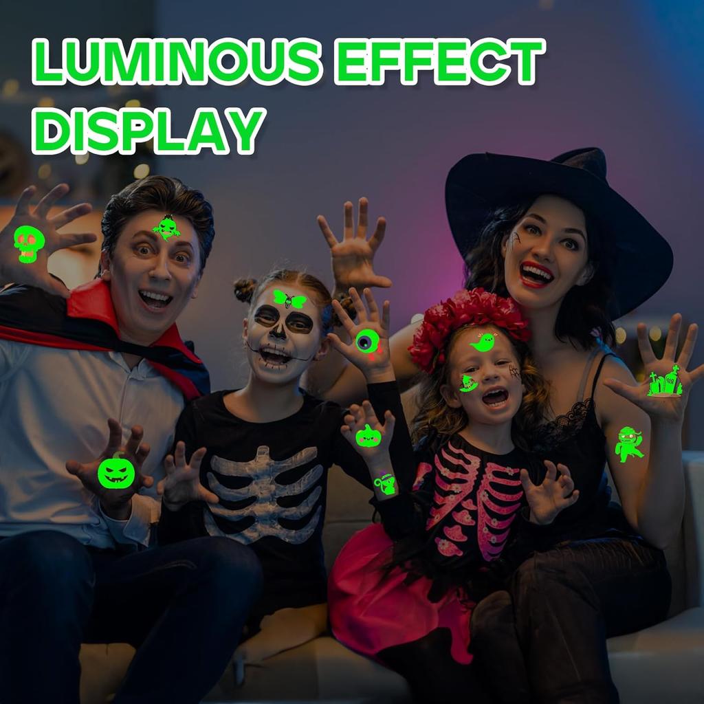 20 Blätter Leuchtende Halloween Temporäre Tattoos, 360 Stück Halloween Cosplay Gesicht Fake Tattoos, Leuchten im Dunkeln Tattoos, Feiertagsset