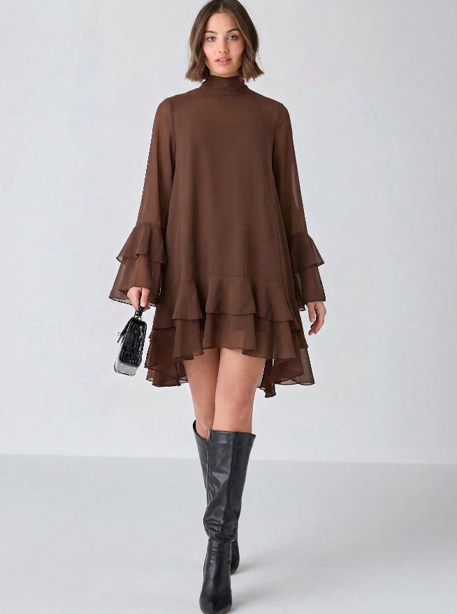 Spring Summer Elegant Women's Chiffon Patchwork Long Sleeve Dress