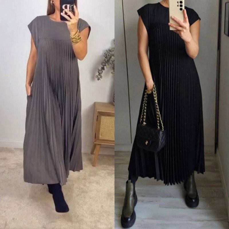 Summer Fashion Solid Plus Size Dress Women Round Neck Short Sleeve Loose Pleated Casual Dresses Women Elegant Vintage Simple Slim Ladies Dress 25546