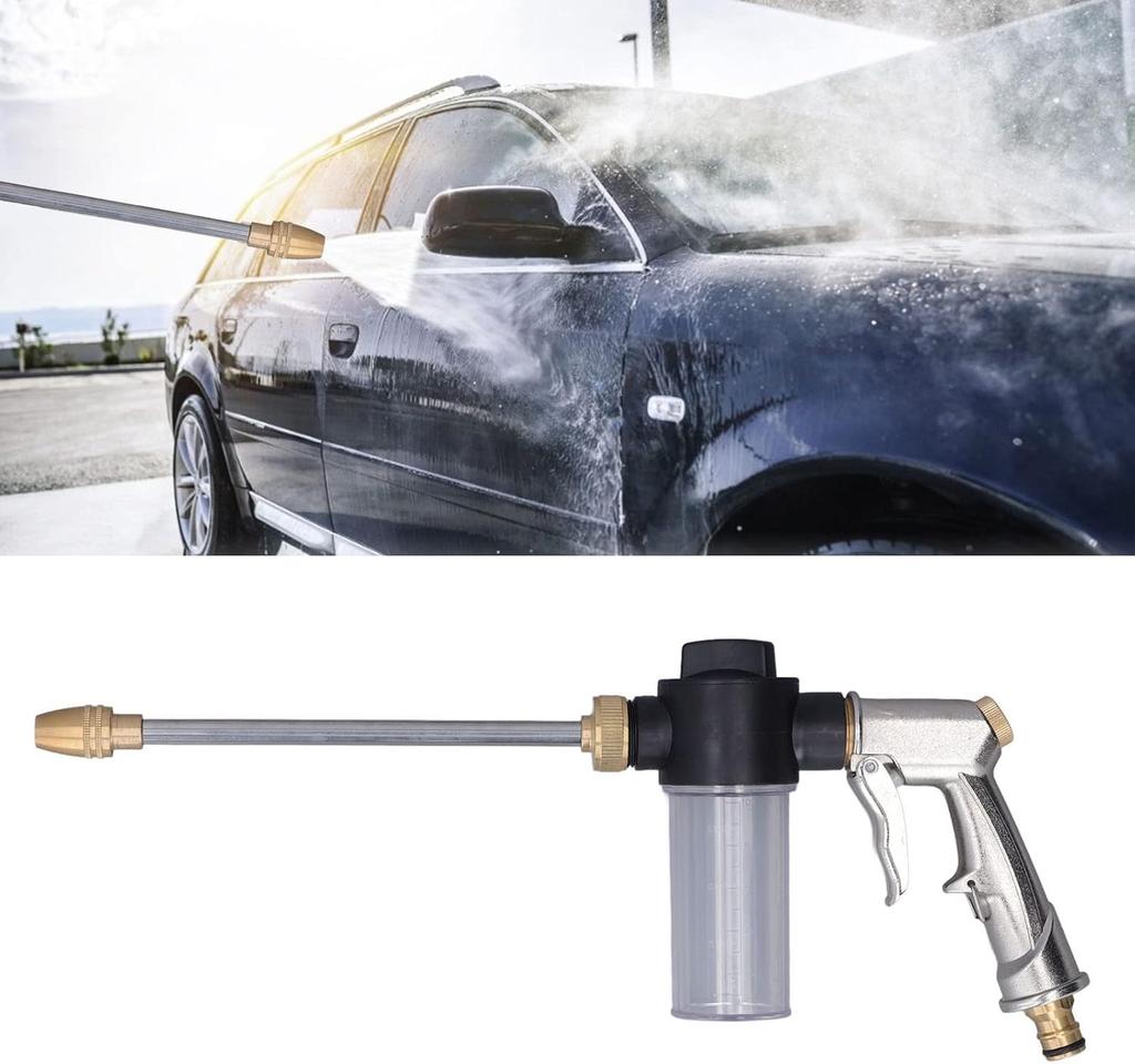 High-pressure water spray gun with an adjustable garden hose nozzle and foam-cleaning function, ideal for gardening watering, car washing, general cl