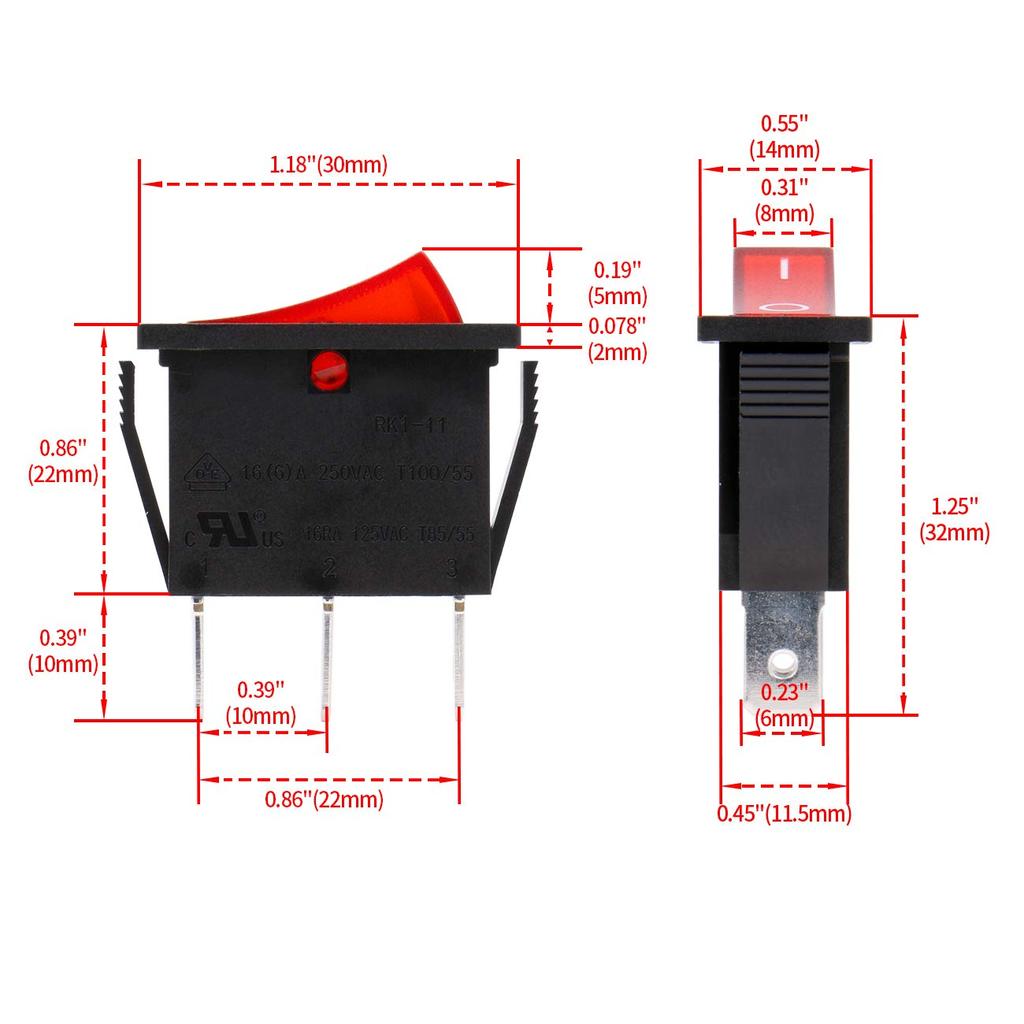 Heschen Rocker Switch ON-Off SPST 3 Terminals Red Light 16A 250VAC 5Pack