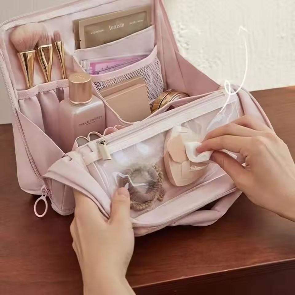 Large Capacity Portable Standing Makeup Bag Travel Toiletry Bag Cosmetic Brush Organizer Handheld Stationery Storage Pouch