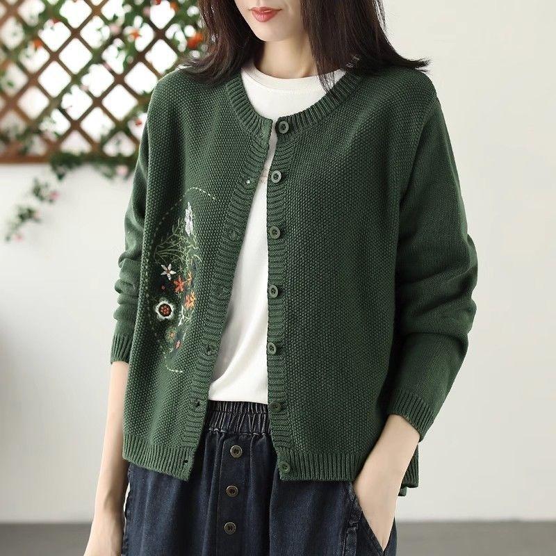 Lila floral bestickter Rundhals-Strickcardigan mit langen Ärmeln für Damen