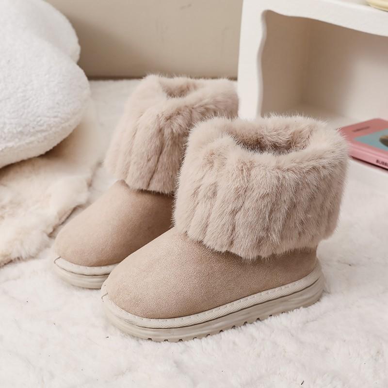 Shoes for kids Winter girl's Black Round Toe Solid Flock Plush Warm Mid Heel Water Proof Casual kids Snow Boots botas niña