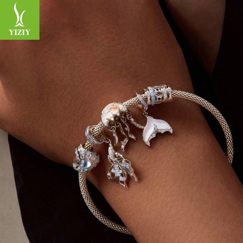 Ocean Series Man Fishtail Diy Pendant Accessories, Dream Jellyfish Seahorse S925 Sterling Silver Beads