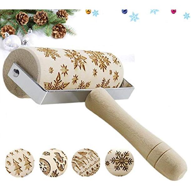 3D Wooden Christmas Embossed Pattern Rolling Pin, Laser Engraved Pastry Pizza Baking Roller Pin for Christmas Cookies Baking Non Stick (Christmas