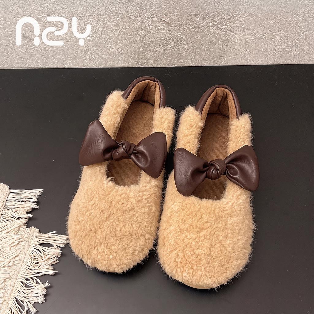 Bow retro sweet cotton slippers women's autumn and winter soft-soled non-slip plush warm fluffy cotton shoes