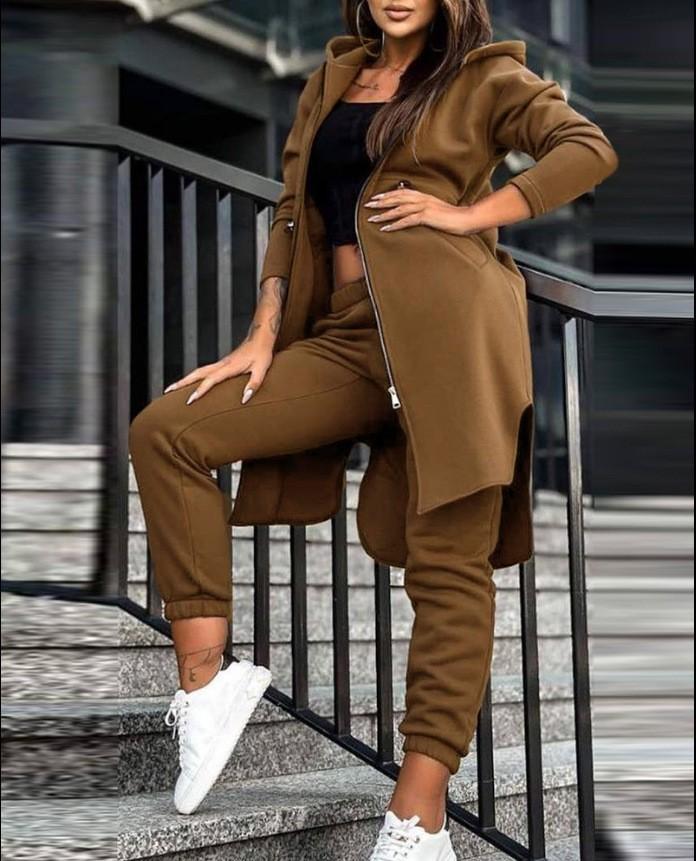 

Fashion Casual Hooded Fleece Sweatshirt Jacket Two-piece Set For Women s Clothing XL кавовий