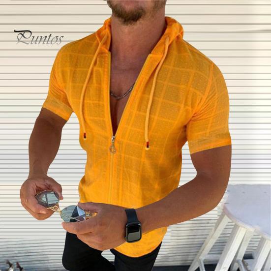 Herren Kapuzen T-Shirt Kurzarm Kariert Zip Up Tee Shirt Lässig Dünn Sommer Top für Sport Freizeit Outdoor Strand