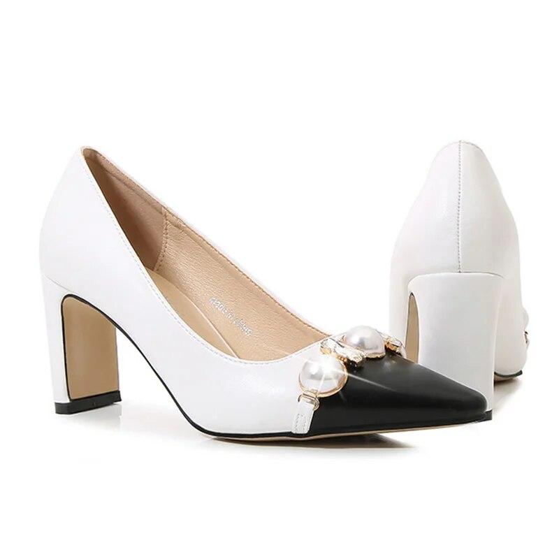 Dámské pracovní boty na vysokém podpatku kancelářská móda sexy měkké pohodlné perlové kamínky 7,5 cm podpatek WZ