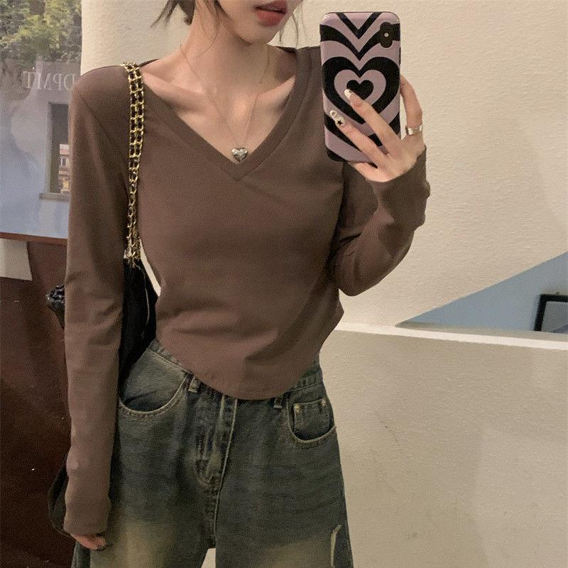 

Careful Clavicle V-neck Long-sleeved T-shirt Bottoming Shirt for Women Autumn Winter Korean Style Slim-fitting Short T-shirt Top XL коричневий