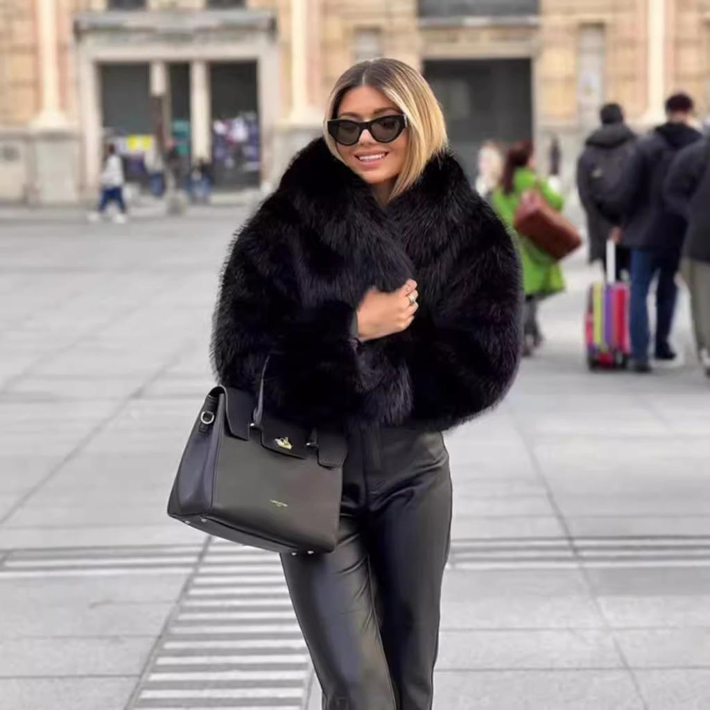Palton scurt de iarnă casual, larg, cu guler rever, mânecă lungă, din blană artificială pentru femei