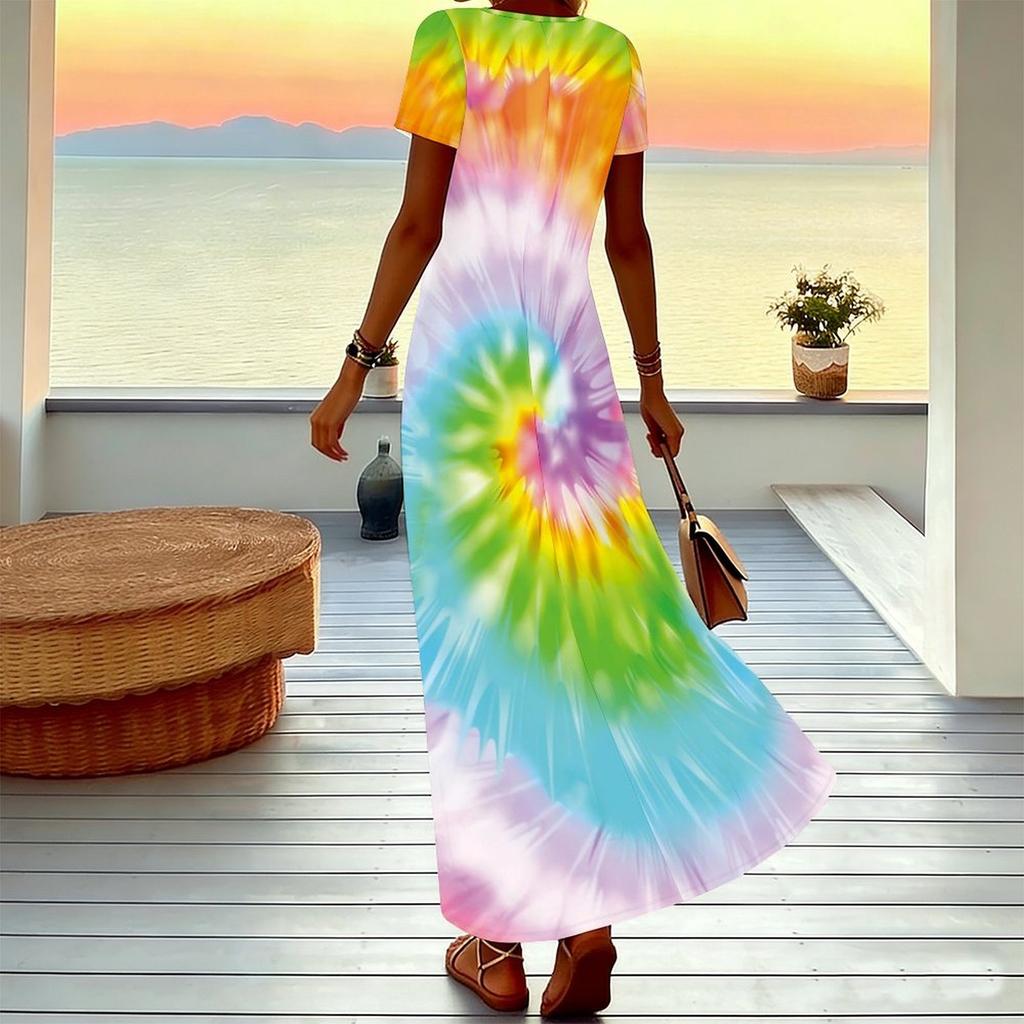 Women Plus Size V Neck Short Sleeve Maxi Dress Spiral Tie Dye Print Loose Summer Holiday Long Dress