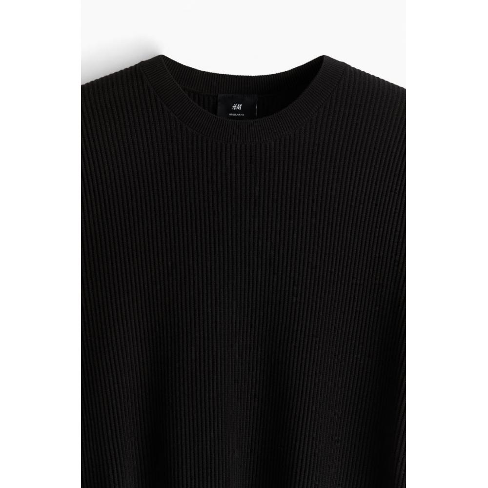 H M Regular Fit Ribbed Knit Tee Black