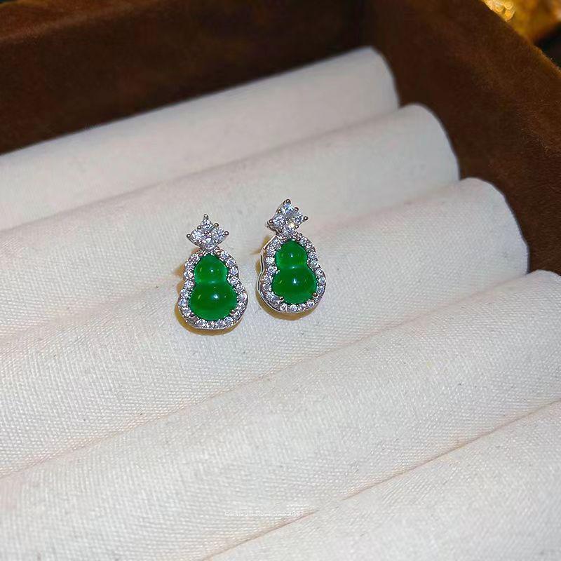Vintage Chinese Style Green Gourd Zircon Inlaid Stud Earrings For Women