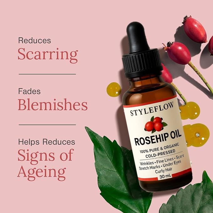 STYLEFLOW Rosehip Oil, 100% Pure Organic Cold-Pressed, for Wrinkles, Fine Lines, Scars, Stretch Marks, Under Eye and Curly Hair, 30ml (., Pack of 3)