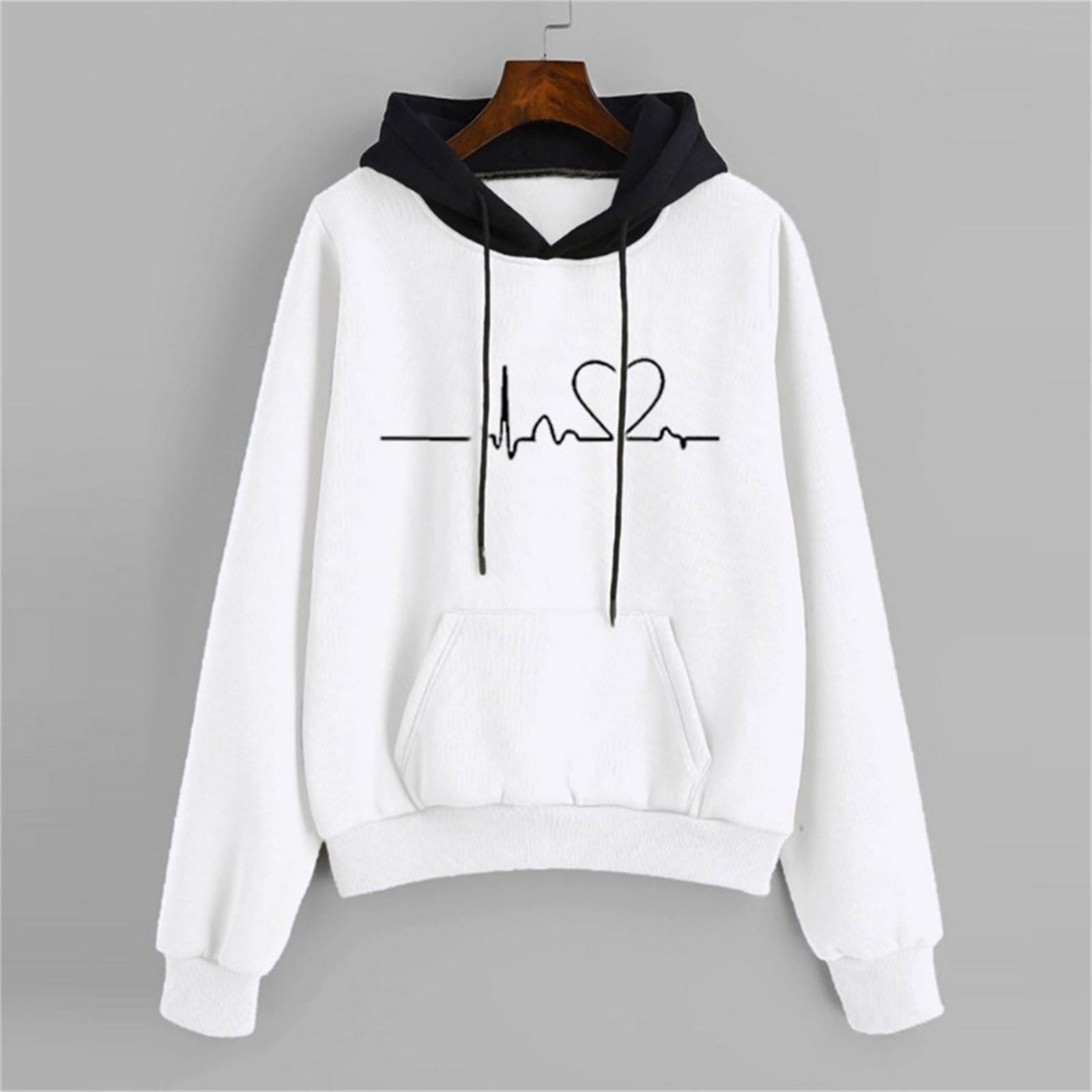 

Жіноча модна толстовка з принтом електрокардіограми з довгим рукавом, пуловер, верхній світшот S білий