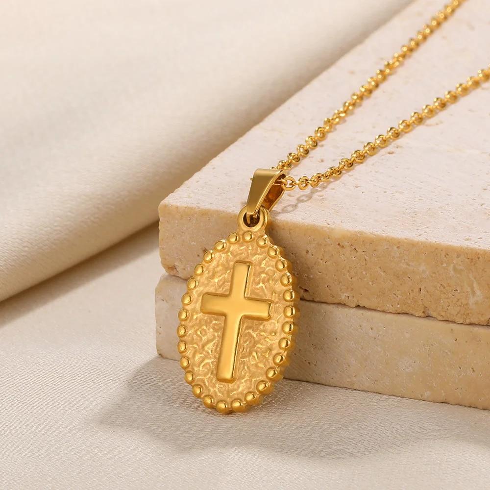VIntage Christian Jesus Kreuz Halsketten Anhänger Für Frauen Edelstahl Runde Form Münze Halsketten Choker Gebet Taufe Geschenke