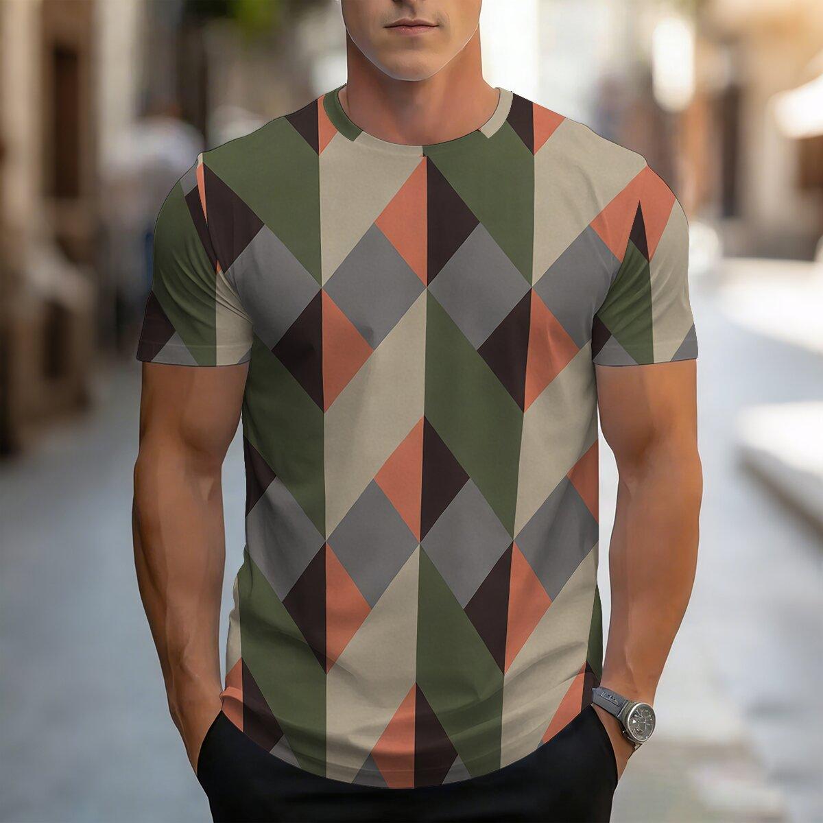 Men s Summer Geometric Pattern Printed Short Sleeve T-shirt 2XS