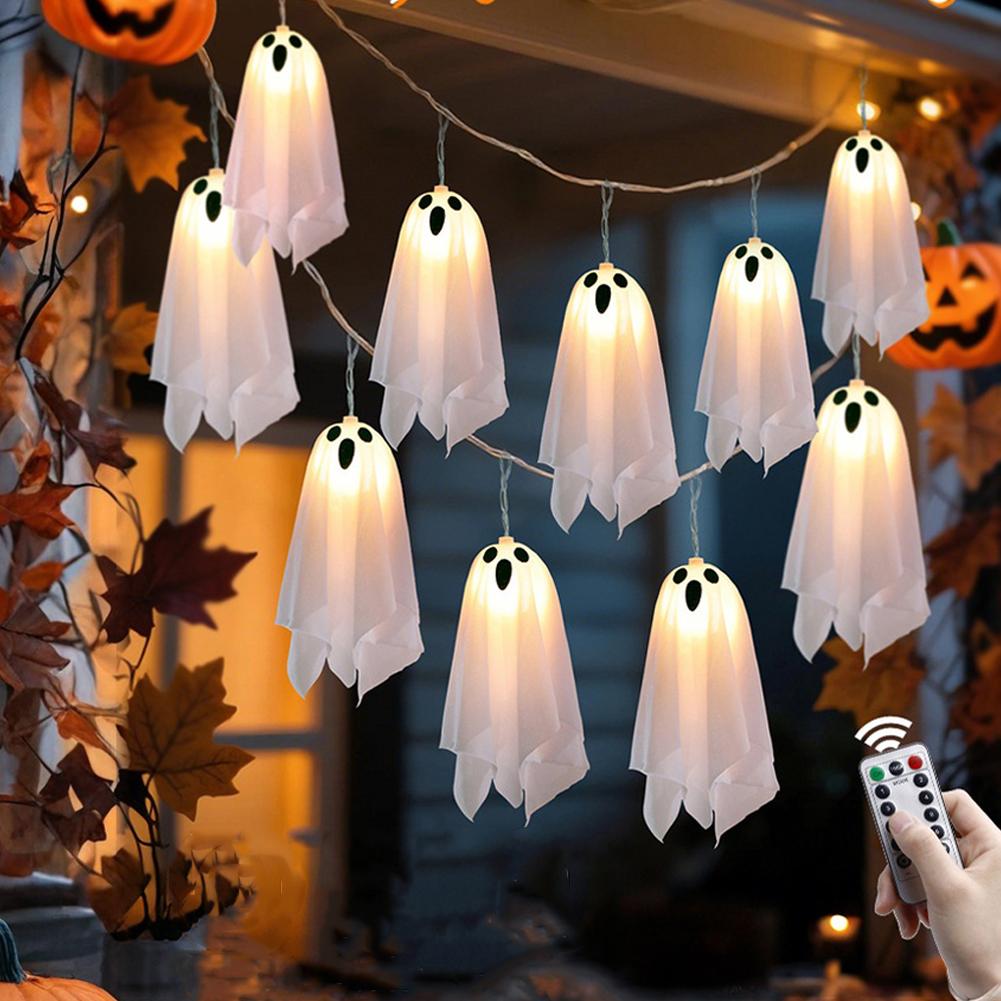 10Pcs Halloween Ghost String Lights W/ 8 Light Modes LED Ghost Battery Operated Halloween Lights for Garden Indoor Party