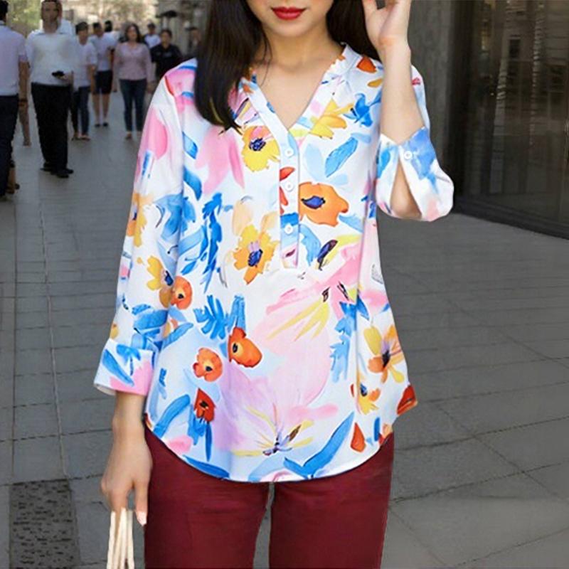 ZANZEA Bluză casual de damă cu gât în V, mâneci 3/4, croială largă și imprimeu