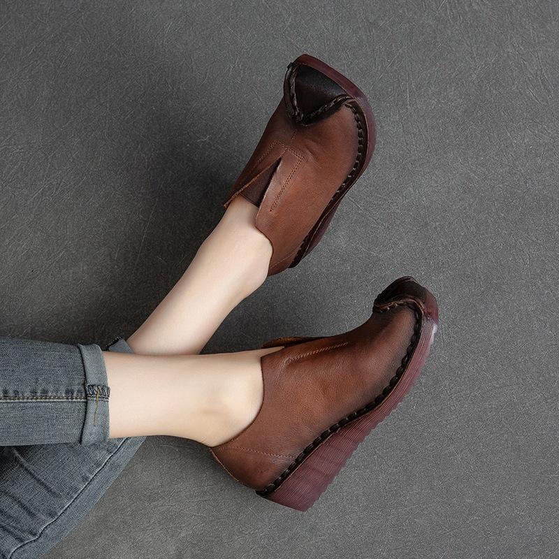 

Johnature Натуральная кожа Ретро Туфли-лодочки Женская обувь Удобные Универсальные Однотонные Мягкая подошва Обувь на танкетке 39 красно-коричневый