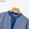ZANZEA Women Casual V-Neck Loose 3/4 Sleeve Plaid Print Blouse