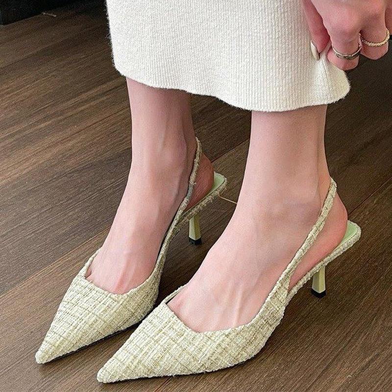 Summer Brand Women Sandals Fashion Mid Heels Slingback Slippers New Designer Dress Pointed Toe Shoes Women Slides Pumps