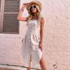Ladies Summer Halter Neck Solid Color Sleeveless Sling Split Irregular Cotton Linen Chic Button Apricot Dress S-XL