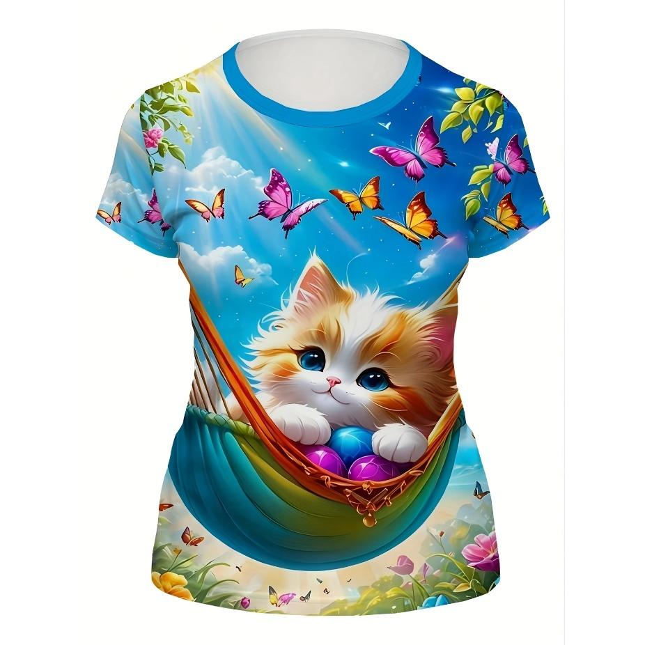 Vibrant Butterfly Print Crew Neck T-Shirt Soft Slight Stretch Polyester Regular Fit Short Sleeve Spring & Summer Womens Casual Clothing