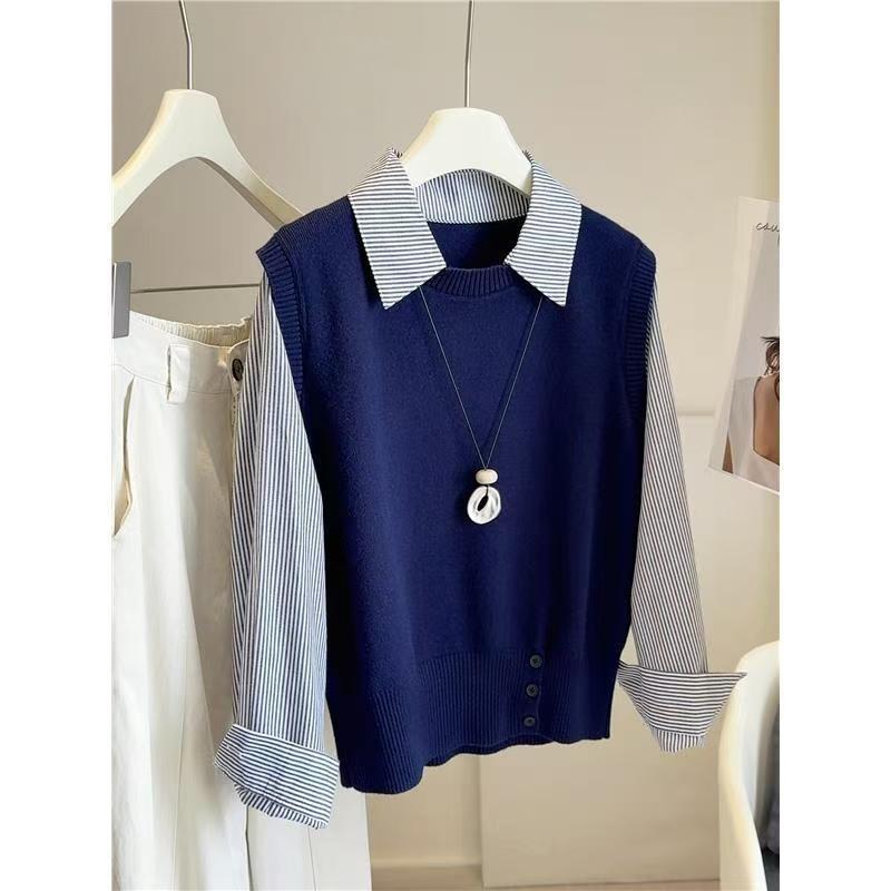 Splicing shirt long-sleeved knitted sweater women's autumn new wear fake two-piece casual top