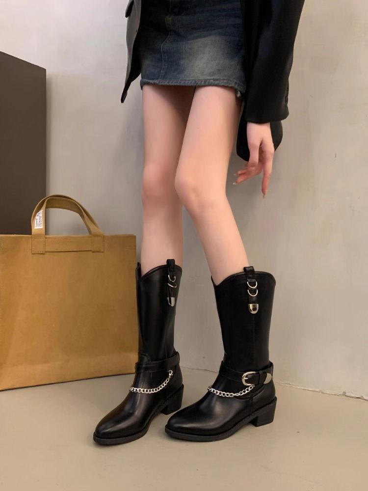 Spring Autumn Middle Heel Pointed Toe Ladies Mid Calf Shoes New Rock Fashion 2025 Y2k Designer Luxury in Women's Half High Boots