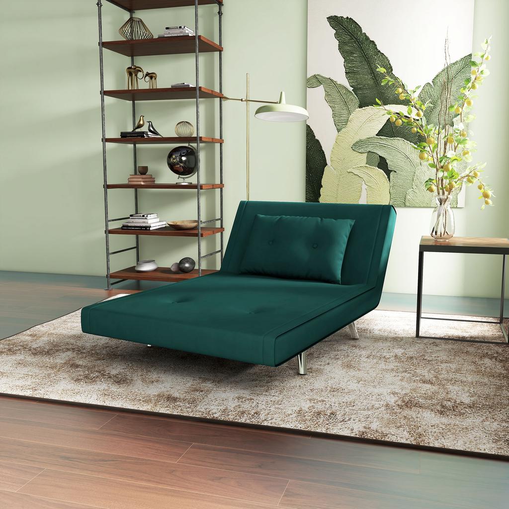 Single Bed Armchair 3 in 1, Reclining Armchair with 3 Levels with Velvet Covering and Cushion, 100x88x83cm, Dark Green