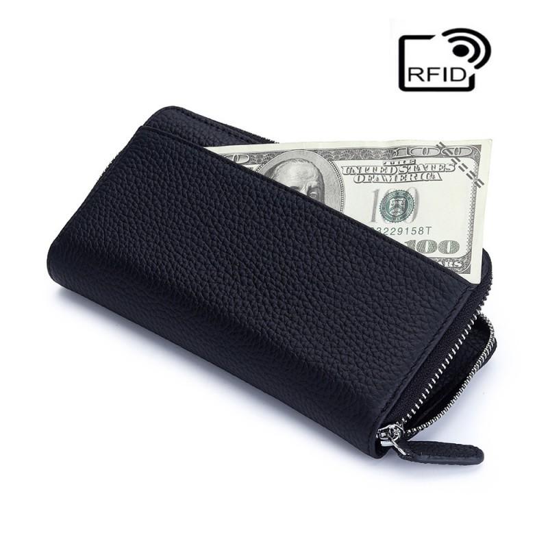 RFID Cowhide Women's Long Wallet Large Capacity Zipper Clutch Anti-theft Brush