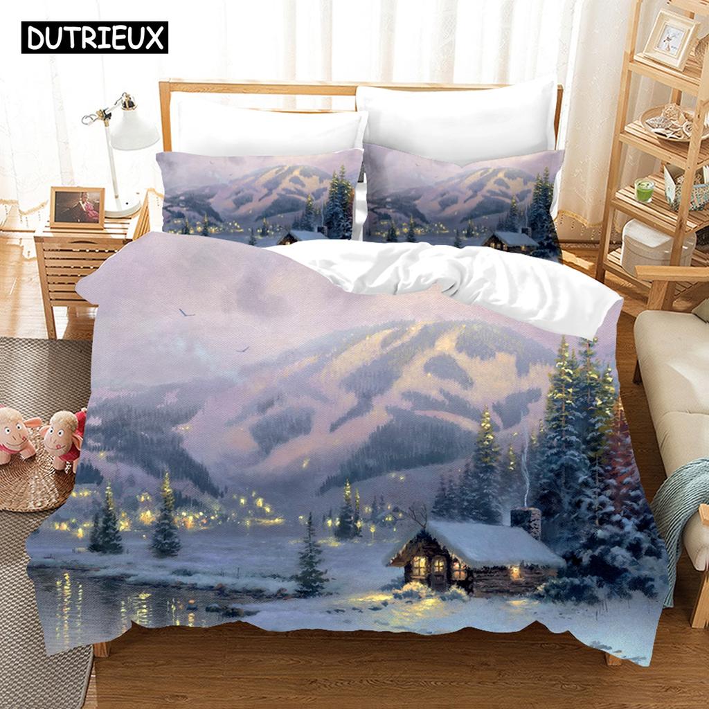 Fantasy Oil Painting Bedding Set House Bridge Scenery Duvet Cover Set Bedroom Bed Bedclothes Decor Luxury Gift Queen King Size