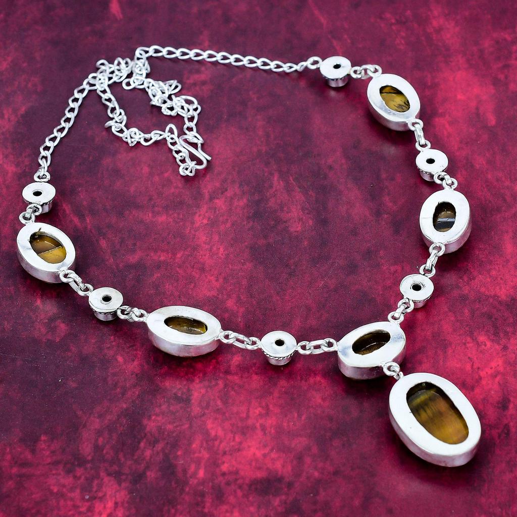 Tiger's Eye & Citrine 925 Solid Sterling Silver Necklace Adjustable, Chain Necklace Handmade Gemstone, Gift For Mom Antique Jewelry