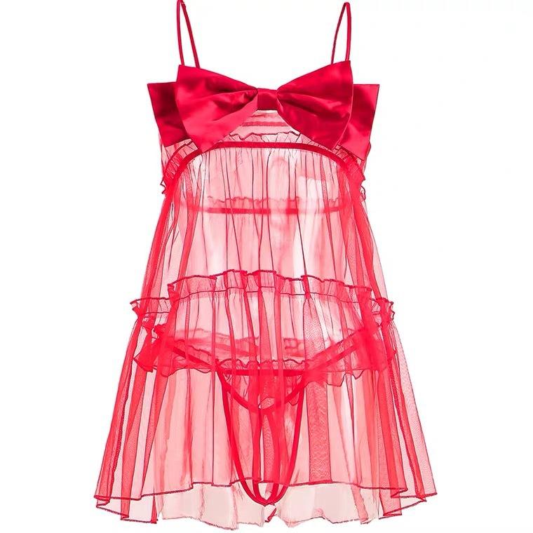 Sexy Sexy Pajamas Women's Suspender Mesh Lace Bow Perspective Pajamas Temptation Holiday Surprise Gifts