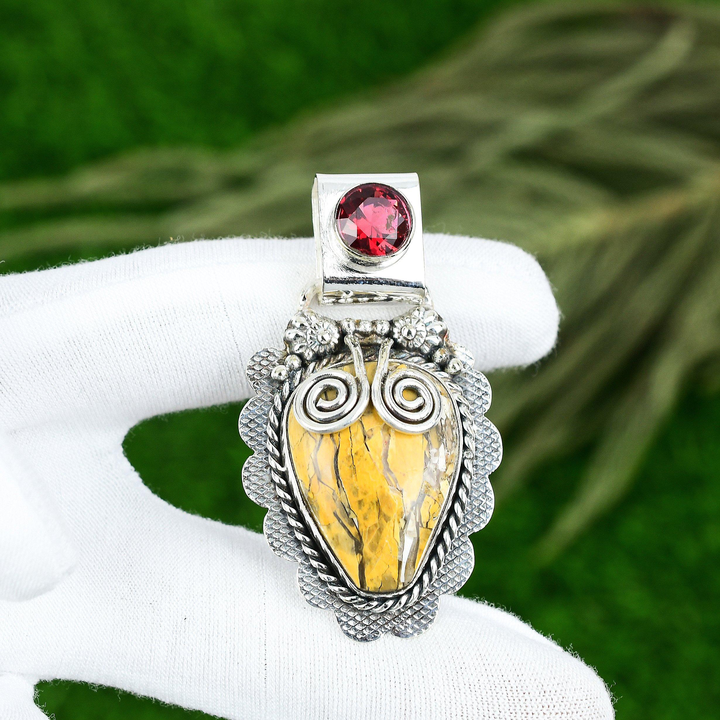 925 Silver Pear Brecciated Mookaite Stone Mozambique Garnet Art Deco New Pendant