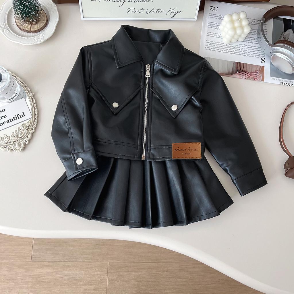 Girls' Spring/Fall PU Leather Set - Korean-Style Biker Jacket + Pleated Skirt Solid Color Simple Two-Piece Set