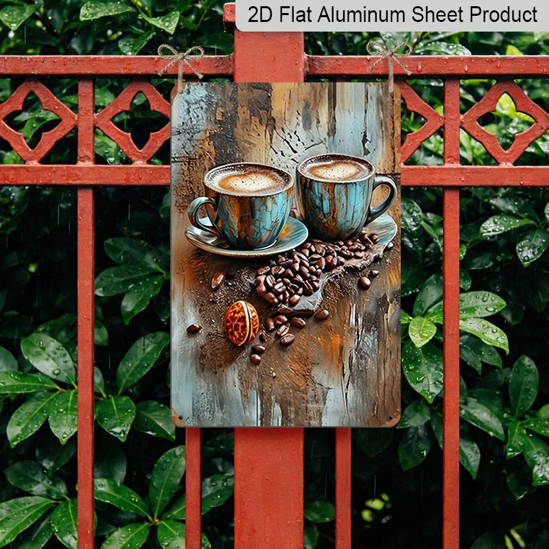 2D Flat Vintage Coffee Cup and Coffee Beans Metal Wall Art - 8x12 Inch Rustic Decor, Durable Aluminium Sign, Suitable for Home, Kitchen, Bar, Garden