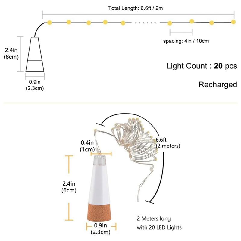 A84E-2PCS LED Cork Bottle Fairy Lights USB Powered Battery Operated 2M 20 Leds For Home Kitchen Party Decor